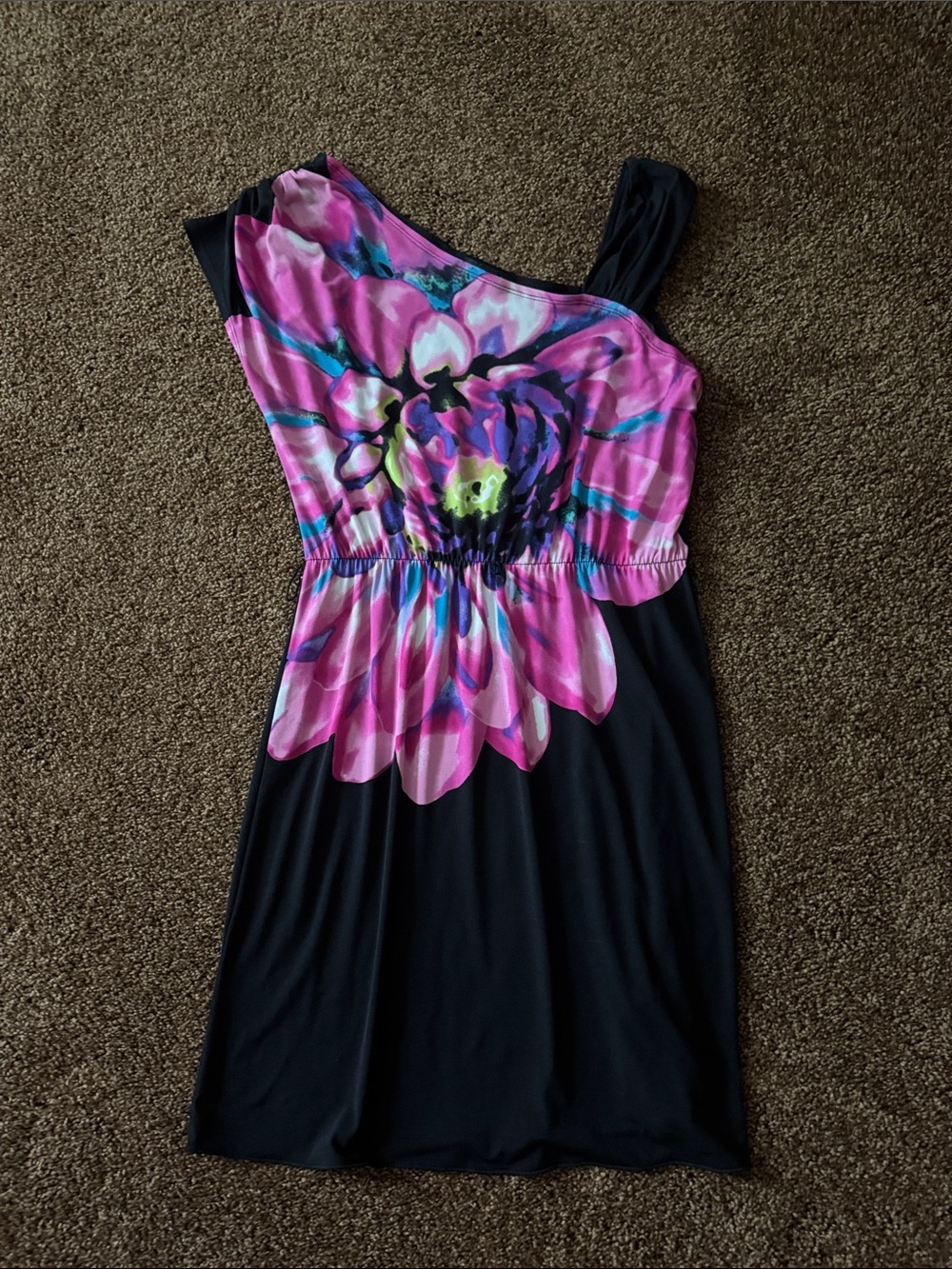 Iz Byer One-Shoulder Black Dress with Pink Floral Print